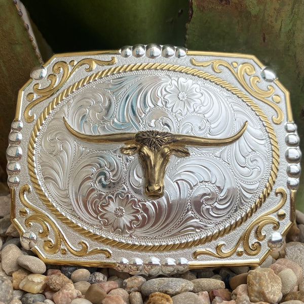 Montana Two-tone Cowboy Cameo Buckle with Longhorn - 25815-767H - BLAIR'S Western Wear located in Marble Falls TX