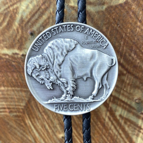 Bolo Tie with Nickel that say "United States of America" & 'Five Cents" with Bison in the center and Arrowhead Silver Tips - 22146 - BLAIR'S Western Wear located in Marble Falls TX