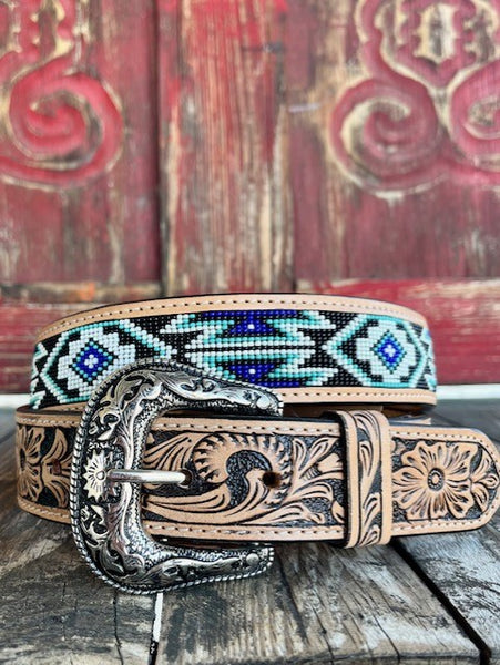 Men's Tan Tooled Leather Belt with Blue & Black Beaded Aztec Design - 26FK61 - Blair's Western Wear Marble Falls, TX 