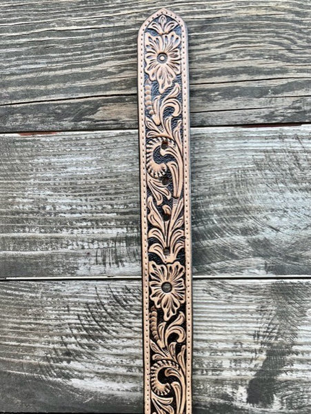 Men's Tan Tooled Leather Belt with Blue & Black Beaded Aztec Design - 26FK61 - Blair's Western Wear Marble Falls, TX