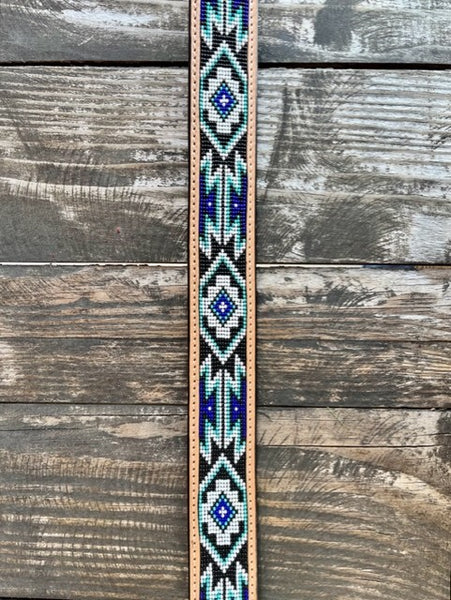 Men's Tan Tooled Leather Belt with Blue & Black Beaded Aztec Design - 26FK61 - Blair's Western Wear Marble Falls, TX