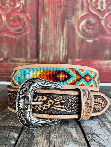 Men's Tooled Leather Belt with Beaded Aztec Designs - 26RT52B - Blair's Western Wear  in Marble Falls, TX 