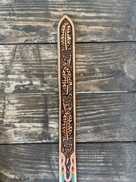 Men's Tooled Leather Belt with Beaded Aztec Designs - 26RT52B - Blair's Western Wear in Marble Falls, TX