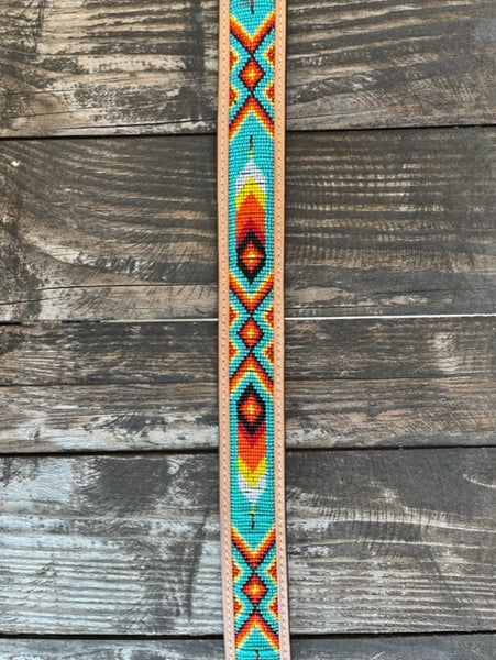 Men's Tooled Leather Belt with Beaded Aztec Designs - 26RT52B - Blair's Western Wear in Marble Falls, TX