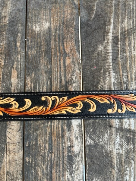 Men's Two Toned Tooled Leather Belt with Tan Overlay and Etched Bronco Buckle - C41519 - Blair's Western Wear Marble Falls, TX