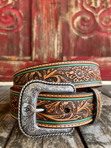 Men's Tooled Leather Belt with Green Painted Edge & Etched Buckle - A1027808 - Blair's Western Wear Marble Falls, TX 