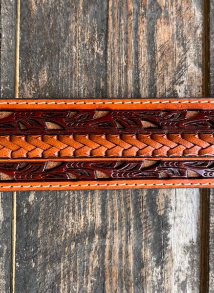 Ladies Tooled Leather Belt with Braided Leather Overlay in Cognac & Chocolate - WB2704B - Blair's Western Wear Marble Falls, TX