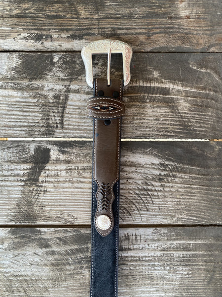 Men's Black and Brown leather Belt with Tan Aztec Pattern elt - N2475701 - BLAIR'S Western Wear located in Marble Falls TX