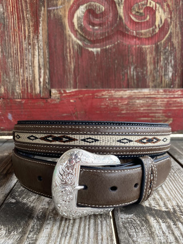 Men's Black and Brown leather Belt with Tan Aztec Pattern elt - N2475701 - BLAIR'S Western Wear located in Marble Falls TX