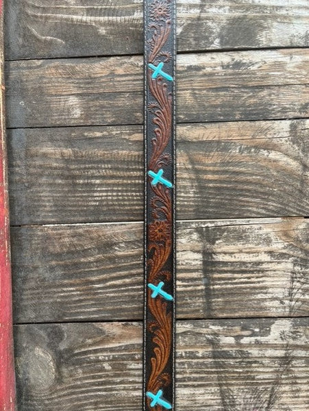 Men's Tooled Leather Belt with Turquoise Cross - N210007301 - Blair's Western Wear Marble Falls, TX