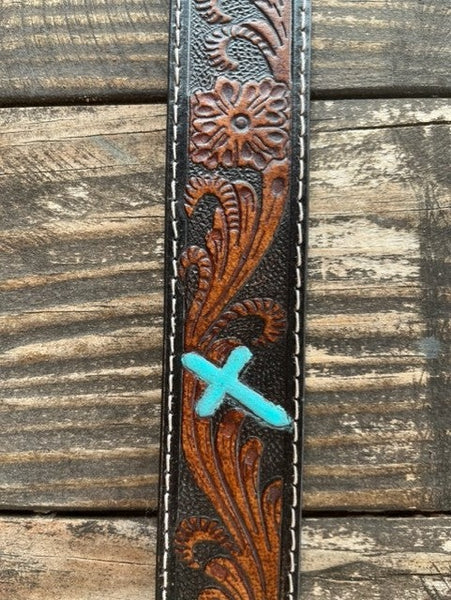 Men's Tooled Leather Belt with Turquoise Cross - N210007301 - Blair's Western Wear Marble Falls, TX