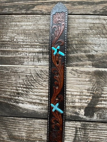 Men's Tooled Leather Belt with Turquoise Cross - N210007301 - Blair's Western Wear Marble Falls, TX