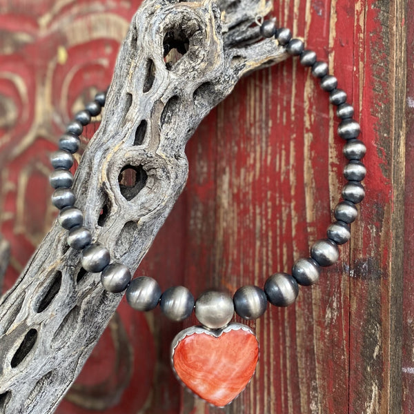 Navajo Pearl Choker with an Orange Spiny Oyster Heart - SWCKRHRT - BLAIR'S Western Wear located in Marble Falls TX