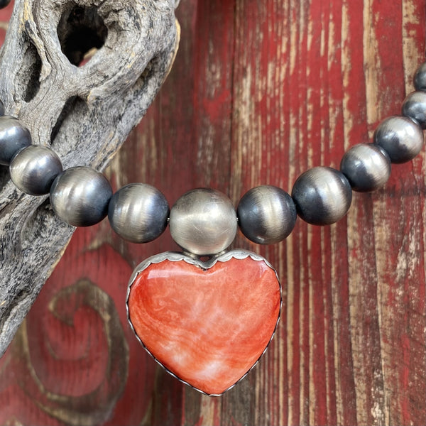 Navajo Pearl Choker with an Orange Spiny Oyster Heart - SWCKRHRT - BLAIR'S Western Wear located in Marble Falls TX