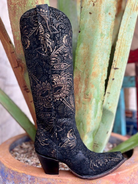 Women's Tall Suede Boot with Mealic Shine in a Tooled Stamp -A4481 - Blair's Western Wear in Marble Falls, TX 