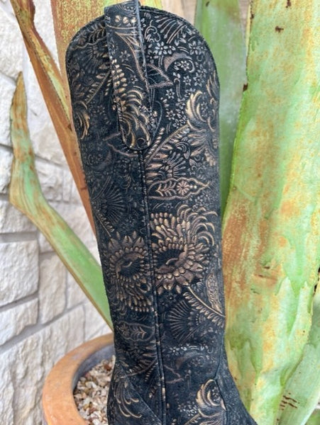 Women's Tall Suede Boot with Mealic Shine in a Tooled Stamp -A4481 - Blair's Western Wear in Marble Falls, TX