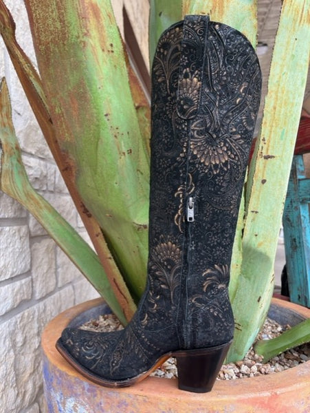 Women's Tall Suede Boot with Mealic Shine in a Tooled Stamp -A4481 - Blair's Western Wear in Marble Falls, TX