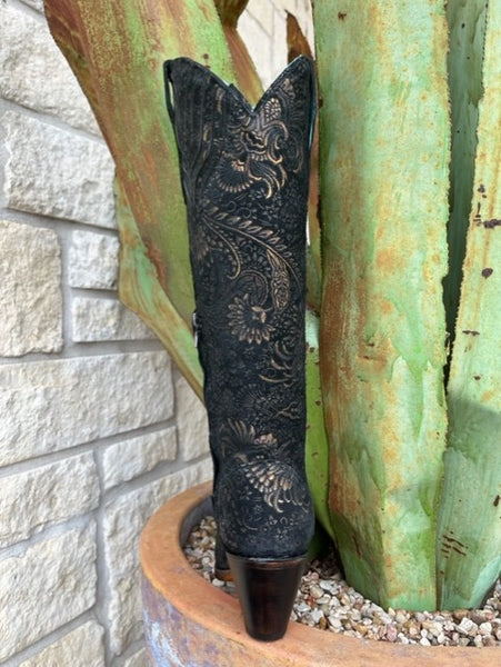 Women's Tall Suede Boot with Mealic Shine in a Tooled Stamp -A4481 - Blair's Western Wear in Marble Falls, TX