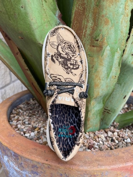 Ladies Ariat Hilos in Tan with Brown Roses and Bucking Horses - 10051011 - Blair's Western Wear Marble Falls, TX