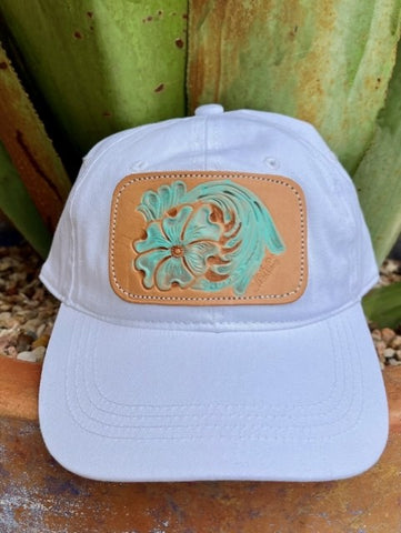 Ladies White Cap With Tooled Leather Patch and Painted Turquoise Florals - CPSQSTQ - Blair's Western Wear Marble Falls, TX 