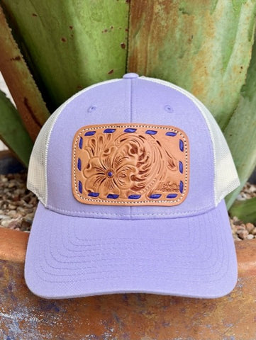 Ladies Western Cap in Purple with Tooled Leather Patch with White Mesh Back - CPBCKSTTCH - BLAIR'S WESTERN WEAR MARBLE FALLS, TX 