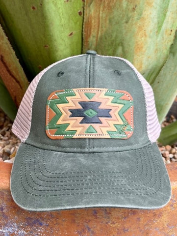 Ladies Distressed Olive Cap with Aztec Leather Patch - CPAZTOLV - Blair's Western Wear Marble Falls, TX 