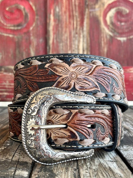 Men's Tooled Leather Belt in Two-Toned Leather - A10416107 - Blair's Western Wear Marbel Falls, TX 