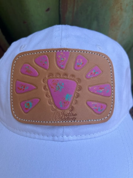 Ladies Leather Patch Cap in White & PInk - CPSQSPN - Blair's Western Wear Marble Falls, TX