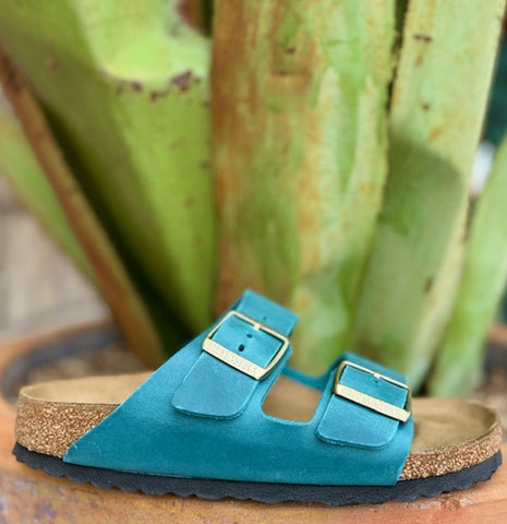 "Biscay Bay" Blue/Teal Birkenstock Women's Arizona Sandal with Gold Buckles- 1026537 - Blair's Western Wear, Marble Falls Tx.