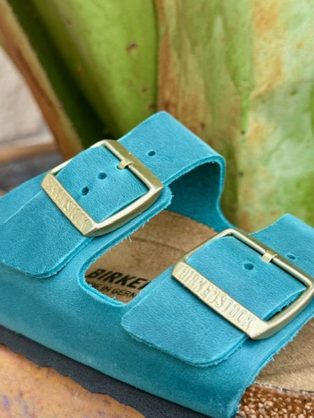 "Biscay Bay" Blue/Teal Birkenstock Women's Arizona Sandal with Gold Buckles- 1026537 - Blair's Western Wear, Marble Falls Tx.