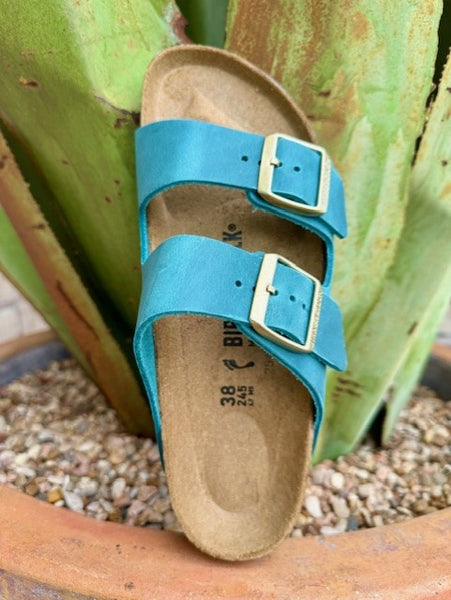 "Biscay Bay" Blue/Teal Birkenstock Women's Arizona Sandal with Gold Buckles- 1026537 - Blair's Western Wear, Marble Falls Tx.