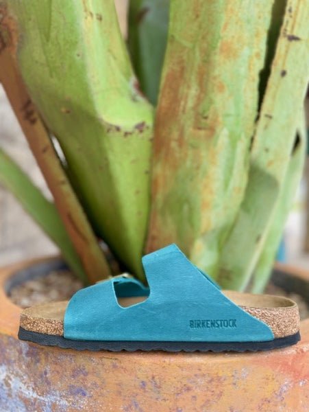 "Biscay Bay" Blue/Teal Birkenstock Women's Arizona Sandal with Gold Buckles- 1026537 - Blair's Western Wear, Marble Falls Tx.