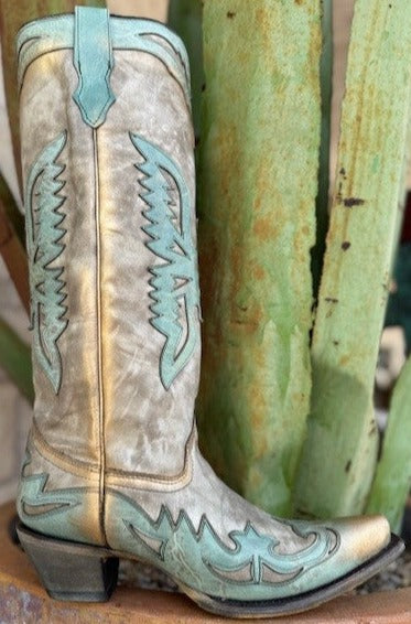 Corral Ladies Bone with Turquoise Eagle Overaly Tall Boot (A4302) - BLAIR'S Western Wear located in Marble Falls Tx. 