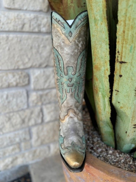 Corral Ladies Bone with Turquoise Eagle Overaly Tall Boot (A4302) - BLAIR'S Western Wear located in Marble Falls Tx.