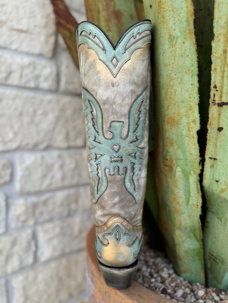 Corral Ladies Bone with Turquoise Eagle Overaly Tall Boot (A4302) - BLAIR'S Western Wear located in Marble Falls Tx.