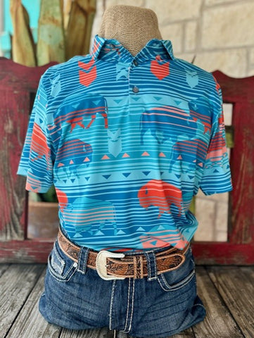 Men's Turquoise/Orange Striped Raised by Coyotes Short Sleeve Pullover with BIson - CAPROCK - BLAIR'S Western Wear located in Marble Falls TX