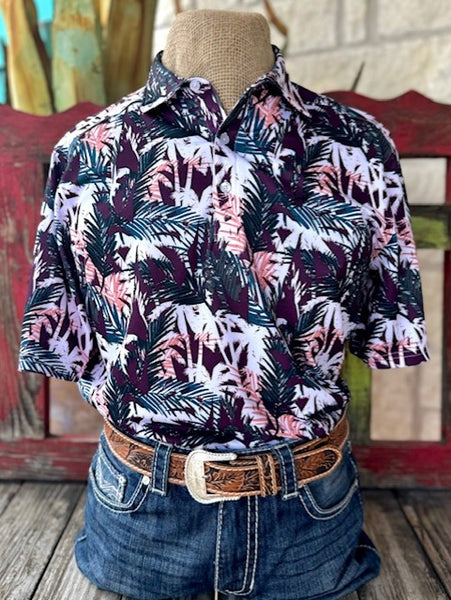 Men's Plum/White/Teal Cinch Arenaflex Short Sleeve Pullover with Palm Tree Pattern(MTK1865028) - BLAIR'S Western Wear located in Marble Falls TX 