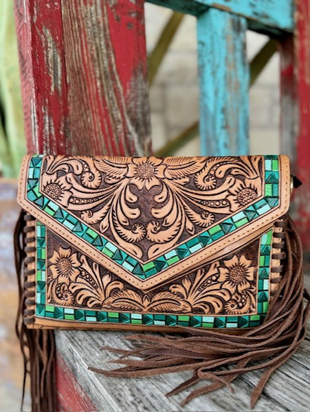 Natural Leather w/ Turquoise Paint Accents American Darling Clutch / Purse ADBGF105B - Blair's Western Wear