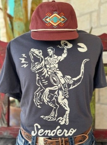 Men's Sendero Graphic T-Shirt of a Cowboy Riding a Velociraptor with the word "Sendero" Underneath - VELOCIWRANGLER - BLAIR'S Western Wear located in Marble Falls Tx