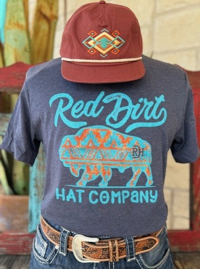 Men's Red Dirt T-Shirt with Turquoise Lettering that say "Red Dirt Hat Company" with Turquoise and Orange Aztec Pattern Buffalo - RDHCT110 - BLAIR'S Western Wear located in Marble Falls TX 