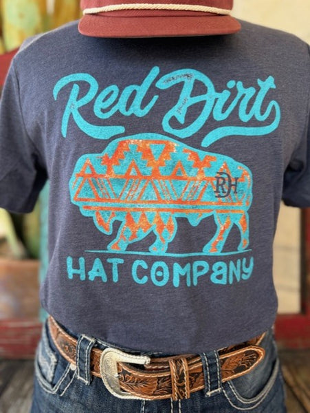 Men's Red Dirt T-Shirt with Turquoise Lettering that say "Red Dirt Hat Company" with Turquoise and Orange Aztec Pattern Buffalo - RDHCT110 - BLAIR'S Western Wear located in Marble Falls TX