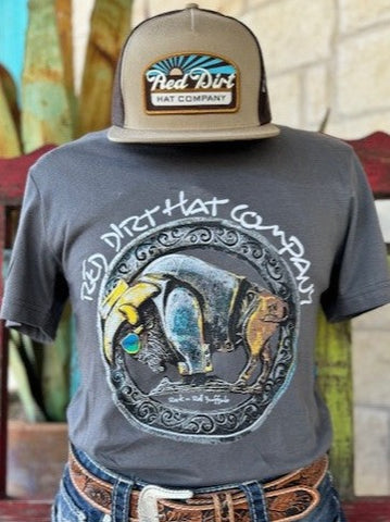 Men's Red Dirt T-Shirt  with Graphic of Buffalo with a Jacket, Hat, and Glasses with White Lettering that says "Red Dirt Hat Company" - RDHCT102 - BLAIR'S Western Wear located in Marble Falls Tx