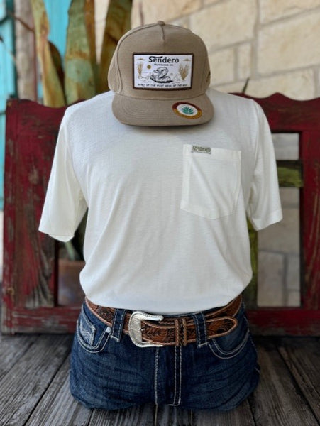 Men's Sendero T-Shirt with White and Green Graphic of a Cactus with the phrase "Reach for the Sky" on top and "Sendero Provisions Company" at the bottom - REACH SKY - BLAIR'S Western Wear located in Marble Falls TX