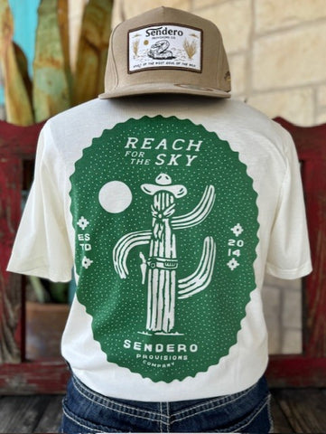 Men's Sendero T-Shirt with White and Green Graphic of a Cactus with the phrase "Reach for the Sky" on top and "Sendero Provisions Company" at the bottom - REACH SKY - BLAIR'S Western Wear located in Marble Falls TX