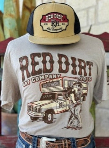 Men's Red Dirt T-Shirt with Graphic of a couple standing in front of a rodeo camper with the words "Red Dirt Hat Company" on top - RDHCT73 - BLAIR'S Western Wear located in Marble Falls Tx