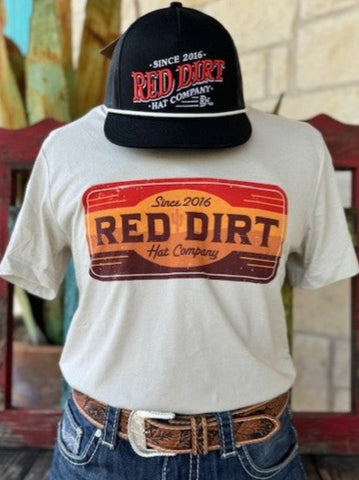 Men's Off White REd DIrt T-Shirt with Orange, Red and Maroon Graphic of a plate with the words "Since 2016" and "Red Dirt Hat Company" - RDHCT111 - BLAIR'S Western Wear located in Marble Falls Tx