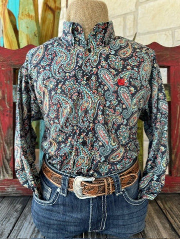 Men's Grey, Red, Turquoise, Yellow Paisley Cinch Long Sleeve Button Down (MTW1105745) - BLAIR'S Western Wear located in Marble Falls TX