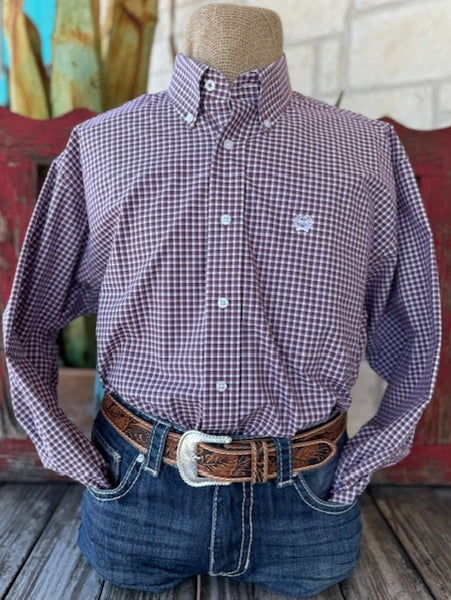 Men's Wine & White Checkered Cinch Long Sleeve Button Down - MTW1105712 - BLAIR'S Western Wear located in Marble Falls TX