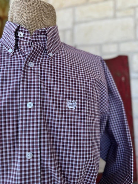 Men's Wine & White Checkered Cinch Long Sleeve Button Down - MTW1105712 - BLAIR'S Western Wear located in Marble Falls TX