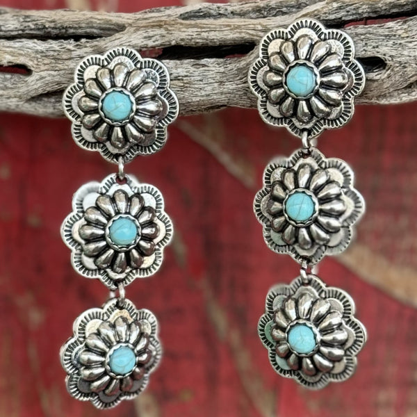 Montana Triple Bloom Conchos Turquoise Attitude Earrings - AER5445 - BLAIR'S Western Wear located in Marble Falls TX